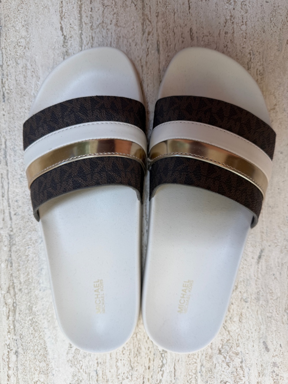 WORN ONCE MICHAEL Michael Kors White, Brown & Gold Brandy Metallic Slide Sandals
